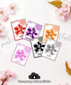 Seis coloridas tarjetas con pulpos de dibujos animados en rojo, morado, naranja, rosa, negro y gris, cada uno etiquetado con un nombre de color en español, sobre un fondo claro con flores rosas.