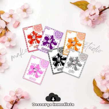 Seis coloridas tarjetas con pulpos de dibujos animados en rojo, morado, naranja, rosa, negro y gris, cada uno etiquetado con un nombre de color en español, sobre un fondo claro con flores rosas.