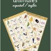 Un cuadro educativo ilustrado titulado "Tablero de animales español/inglés" que muestra aves con sus nombres tanto en español como en inglés. El gráfico tiene imágenes de varias aves como el quetzal, el cóndor, el pavo real y el flamenco. El fondo es verde oscuro.