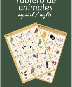 Un cuadro educativo ilustrado titulado "Tablero de animales español/inglés" que muestra aves con sus nombres tanto en español como en inglés. El gráfico tiene imágenes de varias aves como el quetzal, el cóndor, el pavo real y el flamenco. El fondo es verde oscuro.