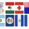 Imagen que muestra las banderas de varios países de América, dispuestas en una cuadrícula: fila superior: mapa de América del Norte, México, Canadá, EE. UU.; fila inferior: Guatemala, Belice, El Salvador, Honduras. Cada bandera es un estandarte rectangular, diseñado exclusivamente con símbolos nacionales.
