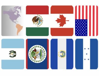 Imagen que muestra las banderas de varios países de América, dispuestas en una cuadrícula: fila superior: mapa de América del Norte, México, Canadá, EE. UU.; fila inferior: Guatemala, Belice, El Salvador, Honduras. Cada bandera es un estandarte rectangular, diseñado exclusivamente con símbolos nacionales.