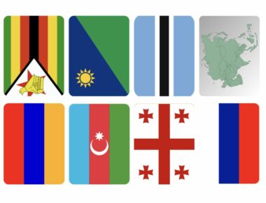 Ocho banderas y un mapa están dispuestos en una cuadrícula de 3x3. Las banderas representan a Zimbabwe, Namibia, Botswana, un mapa verde no identificado, una bandera que se parece a Gabón, Azerbaiyán, Georgia y Rusia, respectivamente. El mapa verde no identificado se encuentra en la cuarta posición.