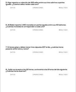 Hoja de ejercicios en español con cuatro problemas matemáticos sobre la división de objetos y el cálculo del tiempo, cada uno seguido de tres espacios etiquetados: "DATOS", "OPERACIONES" y "RESULTADO" para que los alumnos los rellenen.