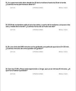 Hoja de ejercicios con cuatro problemas matemáticos en español sobre el cálculo del tiempo, cada uno seguido de tres espacios rotulados: 