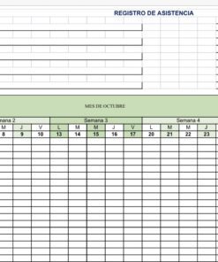 Hoja de cálculo de registro de asistencia en español con campos para la información del centro y del profesor, una leyenda para la puntualidad, la asistencia, la justificación y las ausencias, además de una tabla para controlar la asistencia semanal de los alumnos y los porcentajes de octubre.