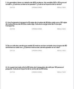 Hoja de ejercicios en español con cuatro problemas matemáticos de suma, resta, multiplicación y división, cada uno con columnas etiquetadas para datos, operaciones y resultados.