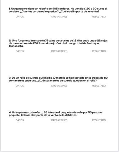 Hoja de ejercicios en español con cuatro problemas matemáticos de suma, resta, multiplicación y división, cada uno con columnas etiquetadas para datos, operaciones y resultados.