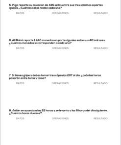 Una hoja de ejercicios en español con cuatro problemas matemáticos sobre la división de monedas, la dosificación de medicamentos y el cálculo de las horas de sueño, cada uno con columnas denominadas Datos, Operaciones y Resultado para las respuestas.