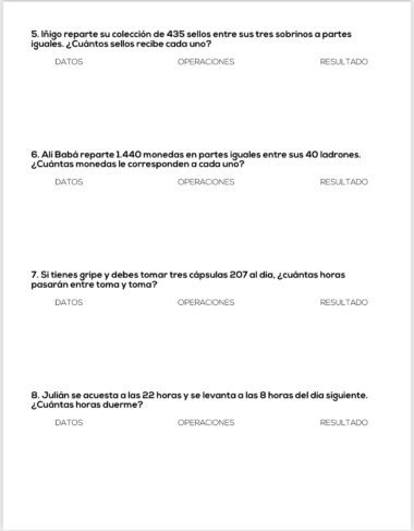 Una hoja de ejercicios en español con cuatro problemas matemáticos sobre la división de monedas, la dosificación de medicamentos y el cálculo de las horas de sueño, cada uno con columnas denominadas Datos, Operaciones y Resultado para las respuestas.