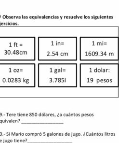 Una tabla de conversión en español para varias medidas: 1 pie = 30.48 cm, 1 in = 2.54 cm, 1 mi = 1609.34 m, 1 oz = 0.0283 kg, 1 gal = 3.785 ly 1 dólar = 19 pesos. A continuación se presentan preguntas para el Examen tercer trimestre sexto grado de primaria que