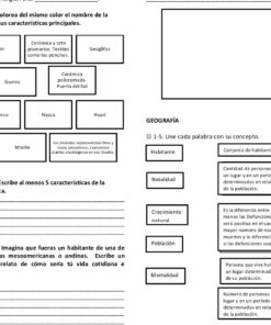 Una hoja de trabajo para el Examen tercer trimestre sexto grado de primaria, que incluye varias preguntas relacionadas con culturas antiguas y geografía, principalmente en español. Incluye secciones que piden unir características culturales, escribir sobre la vida en civilizaciones antiguas y definir conceptos geográficos.