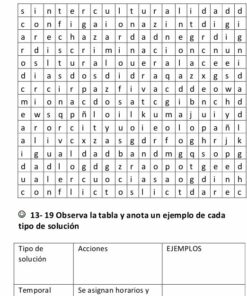 Un rompecabezas de búsqueda de palabras con palabras en español y una tabla debajo. La tabla tiene tres columnas con los títulos 