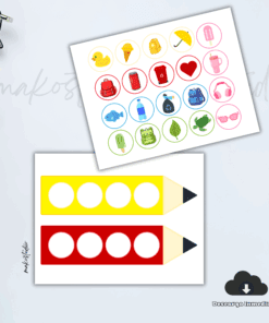 Dos hojas sobre un escritorio: una con círculos de colores que contienen imágenes como un pato, un helado, un paraguas y otros objetos; la otra hoja muestra dos grandes lápices con cuatro círculos blancos en blanco cada uno.