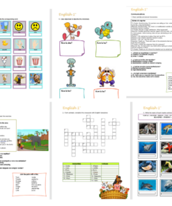 Un collage de materiales educativos de Fichas de trabajo Inglés 1° Secundaria que incluye hojas de trabajo, crucigramas, ilustraciones de dibujos animados y tarjetas de vocabulario. Cada elemento se centra en temas básicos de aprendizaje de inglés para varios grupos de edad.