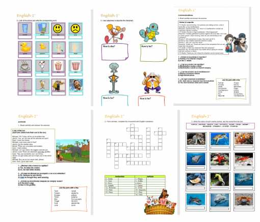 Un collage de materiales educativos de Fichas de trabajo Inglés 1° Secundaria que incluye hojas de trabajo, crucigramas, ilustraciones de dibujos animados y tarjetas de vocabulario. Cada elemento se centra en temas básicos de aprendizaje de inglés para varios grupos de edad.