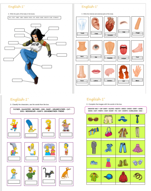 Cuatro Fichas de trabajo Inglés 1° Secundaria con imágenes etiquetadas para aprender partes del cuerpo, miembros de la familia y nombrar prendas de vestir, con diagramas coloridos e ilustraciones para una fácil identificación.