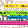 Colorido cartel promocional para Fichas de trabajo Inglés 1° Secundaria, con temas como adjetivos, animales, familia y verbos resaltados en una variedad de colores vibrantes.