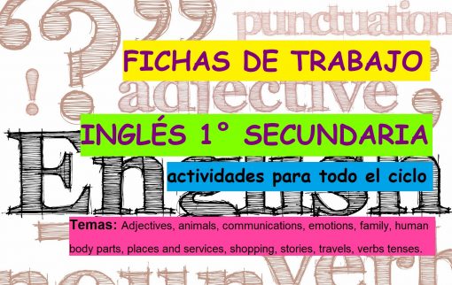 Colorido cartel promocional para Fichas de trabajo Inglés 1° Secundaria, con temas como adjetivos, animales, familia y verbos resaltados en una variedad de colores vibrantes.