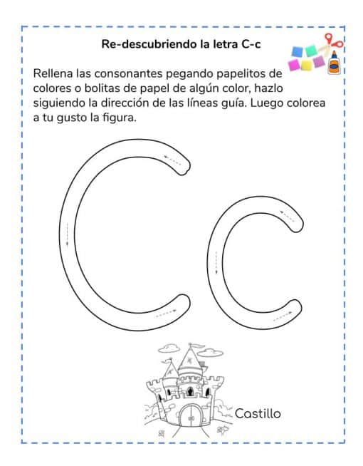 Página de actividades para colorear de Iniciando en el ABC que presenta una letra "c" grande delineada con una imagen de un castillo dentro de una "c" más pequeña en la parte inferior e instrucciones en español para colorear la letra y la imagen.