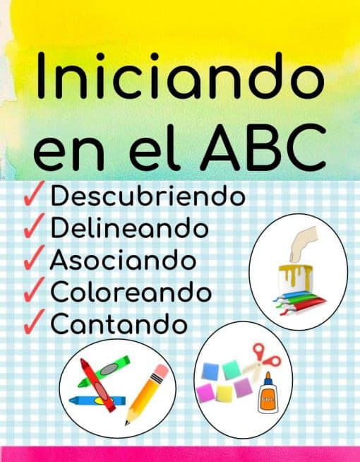 Colorido cartel educativo titulado "Iniciando en el ABC" con texto e íconos que ilustran actividades de aprendizaje: descubrir, delinear, colorear, cantar, representado con casillas de verificación e imágenes correspondientes como libros y crayones.