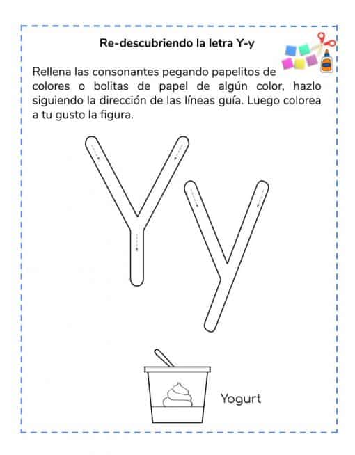 Hoja de trabajo educativa titulada "Iniciando en el ABC" del abecedario, que presenta una letra y mayúscula y minúscula, una palabra "yogurt" con la imagen correspondiente de un tazón de yogur. Se proporcionan instrucciones para colorear.