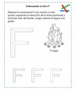 Una hoja de trabajo educativa Iniciando en el ABC que indica cómo trazar la letra 'f' con ejemplos dados, también incluye una imagen para colorear de una llama con la etiqueta 