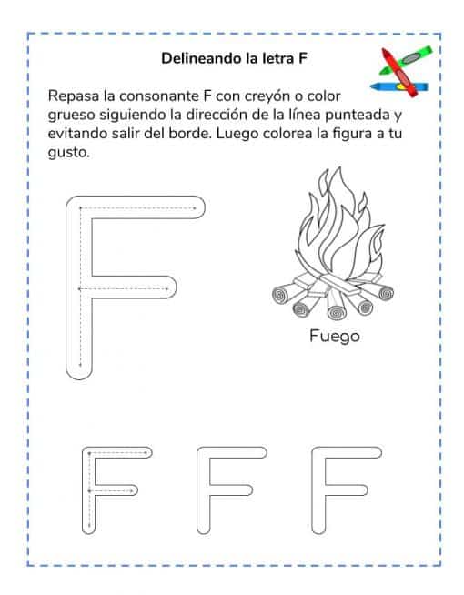 Una hoja de trabajo educativa Iniciando en el ABC que indica cómo trazar la letra 'f' con ejemplos dados, también incluye una imagen para colorear de una llama con la etiqueta "fuego". Los iconos indican que no se pueden colorear fuera de las líneas.