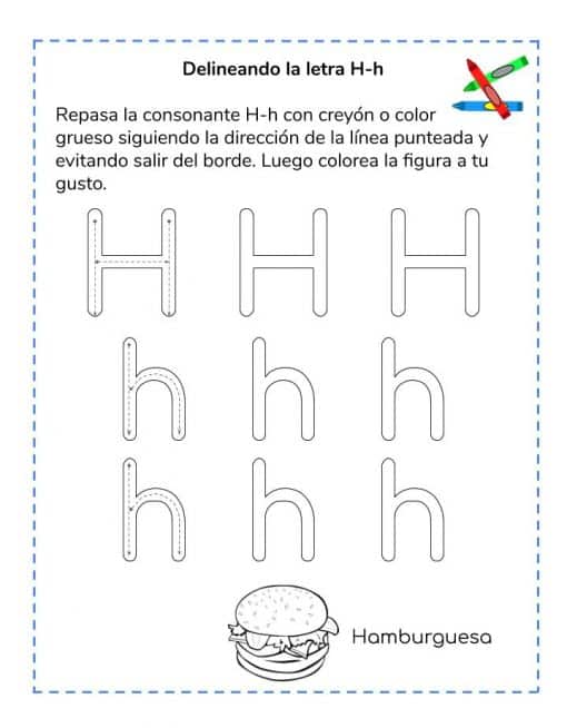 Una hoja de trabajo educativa en español de Iniciando en el ABC con la letra "h". Incluye 'h' mayúsculas y minúsculas delineadas para trazar y una versión con líneas de puntos para practicar, junto con una ilustración de una hamburguesa con la etiqueta "hamburguesa".