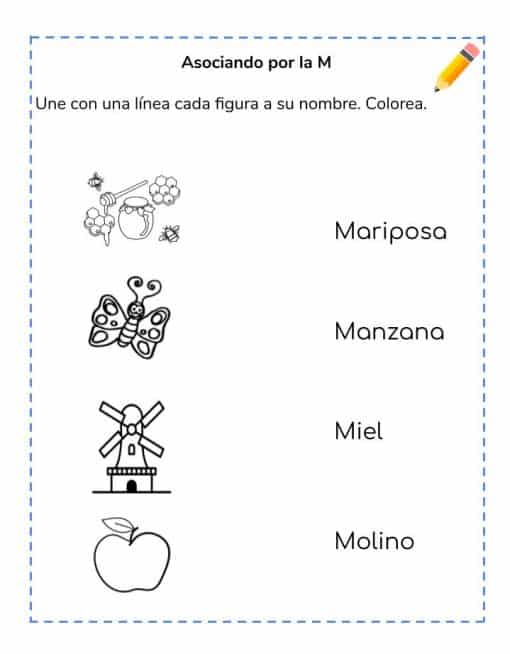 Hoja de trabajo educativa Iniciando en el ABC titulada "abecedario asociando por la m", que presenta imágenes de una mariposa, un molino de viento y una manzana con las palabras correspondientes "mariposa", "molino" y "manzana" para combinar y colorear.