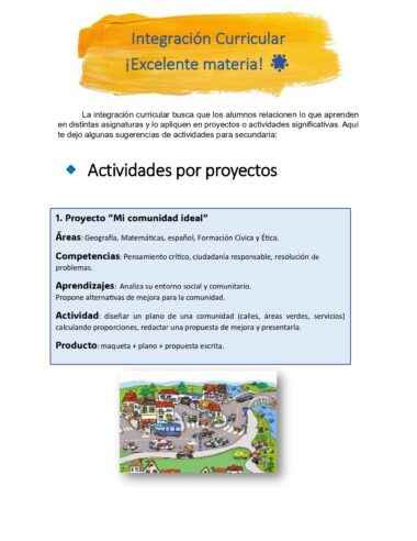 Una página en español titulada "Integración Curricular ¡Excelente material!" con un proyecto llamado "Mi comunidad ideal". Incluye una imagen de dibujos animados de niños y adultos en un barrio colorido y animado.