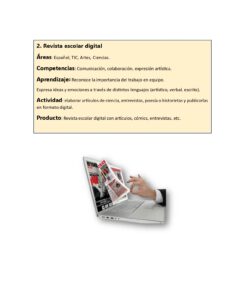 Una mano sostiene un ordenador portátil, y encima aparecen revistas digitales. El texto de arriba describe un proyecto de revista escolar digital, esbozando sus áreas, competencias, objetivos de aprendizaje, actividades y producto final.