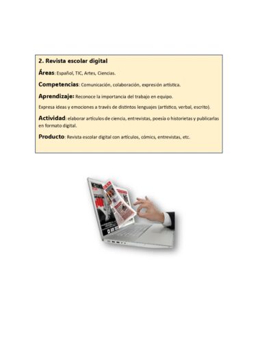 Una mano sostiene un ordenador portátil, y encima aparecen revistas digitales. El texto de arriba describe un proyecto de revista escolar digital, esbozando sus áreas, competencias, objetivos de aprendizaje, actividades y producto final.