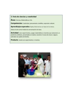Un grupo de estudiantes y un profesor alrededor de una mesa con materiales para experimentos científicos, incluido un recipiente verde con líquido, durante una actividad de la feria de ciencia y creatividad en un aula.