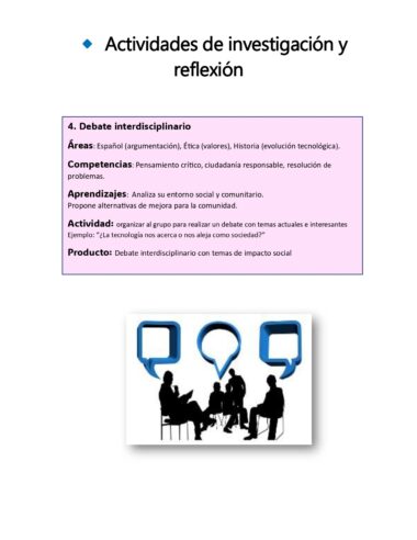 Cartel con el título "Actividades de investigación y reflexión". Describe una actividad de debate interdisciplinar. Debajo, una silueta de personas sentadas a una mesa con grandes bocadillos azules sobre ellas.