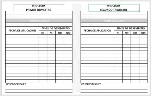 Dos tablas formateadas denominadas "mis clubs primer trimestre" y "mis clubs segundo trimestre", con columnas para el nombre del club, fecha de solicitud y niveles de desempeño, y una sección para observaciones.