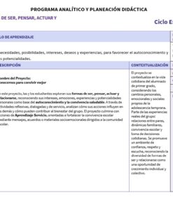 Una tabla esboza un plan de programa educativo, detallando el contenido, los objetivos, la descripción del proyecto y la contextualización para un curso de 12º curso centrado en la autoconciencia, el pensamiento, la acción y las relaciones.