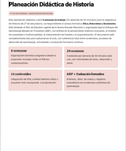 Captura de pantalla de un plan educativo de historia en español, en el que se destacan: 6 semanas de trabajo, 24 sesiones, 14 contenidos y aprendizaje basado en proyectos (ABP + evaluación). Los elementos clave se muestran en cuadros de texto con un diseño limpio y organizado.