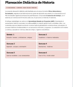 Documento que detalla un plan didáctico de historia para 3º de secundaria, dividido en 6 temas semanales: Edad Media, revoluciones, expansión y colonización, reformas, guerras mundiales y Guerra Fría.