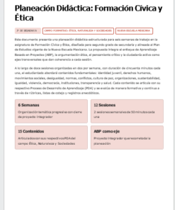 Captura de pantalla de un documento en el que se esboza una planificación didáctica para la educación cívica y ética. Incluye detalles del programa, un calendario de seis semanas, dos estrategias didácticas y un enfoque en competencias transversales y valores fundamentales.