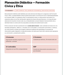 Captura de pantalla de una descripción general de un plan de clases de Cívica y Ética en secundaria. Describe los objetivos, la metodología, la duración (6 semanas), 15 temas, 12 sesiones y destaca el aprendizaje basado en proyectos (ABP).