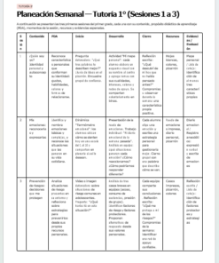 Tabla de planificación de lecciones semanales para las sesiones 1 a 3 de tutoría de primer grado, en la que se detallan las actividades, los contenidos, los objetivos, las fases de la sesión, los recursos y las pruebas en un formato estructurado con filas y columnas.