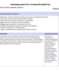 Cuadro de planificación curricular con materias, temas y descripciones para un proyecto centrado en la diversidad. Incluye columnas para la descripción, el contexto y la información del profesor para un grupo de 2º curso del año escolar 202x.