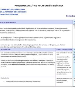 Programa analítico sobre el calentamiento global y ciclos biogeoquímicos, con objetivos de aprendizaje, actividades, criterios de evaluación y contextualización para secundaria en biología.
