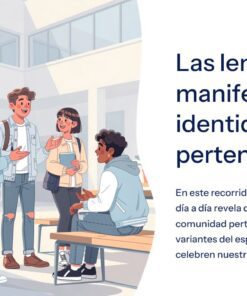 Un grupo de jóvenes charlan y ríen juntos en un ambiente informal. A la derecha, un texto en español habla de las lenguas como expresiones de identidad y pertenencia, introduciendo una presentación sobre diversidad lingüística e identidad cultural.