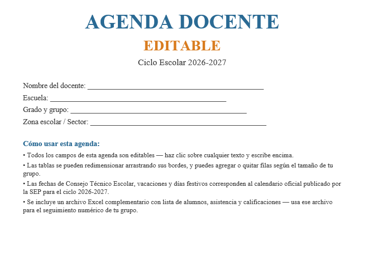 Agenda Docente Editable NEM 2026-2027 | Calendario Oficial SEP, Planeador Mensual, Registro de Incidencias y Seguimiento de PDA | Word y Excel Editable 2 Agenda Docente Editable NEM 2026-2027 | Calendario Oficial SEP, Planeador Mensual, Registro de Incidencias y Seguimiento de PDA | Word y Excel Editable - Image 2