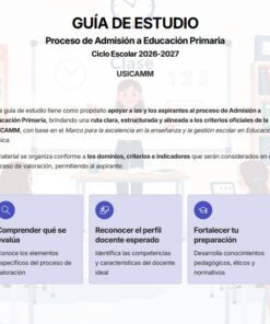 Captura de pantalla de una guía de estudio para el Proceso de Admisión a Educación Primaria, 2026-2027, en la que aparecen los objetivos y tres áreas destacadas: comprender la evaluación, reconocer el perfil ideal del docente y reforzar la preparación.