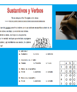 Hoja de trabajo educativa titulada "Sustantivos - Verbos Preguntas de selección múltiple con única respuesta Fábula 'Congreso de Ratones'" en español con una mano sosteniendo un bolígrafo junto a preguntas de opción múltiple y una imagen de teclado numérico a la derecha.