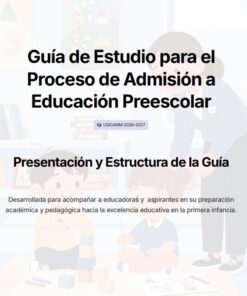 Portada de una guía de estudio para la admisión preescolar, que muestra títulos en negrita e ilustraciones de fondo de niños jugando y leyendo en un aula con material educativo y juguetes.