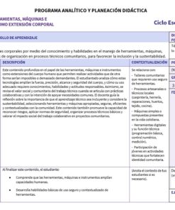 Tecnología 3: Programa Analítico, Planeaciones y Recursos Didácticos 8 Cuadro sinóptico en español para una clase de tecnología sobre herramientas, máquinas e instrumentos. Detalla objetivos, procesos y expectativas de aprendizaje, e incluye secciones de contextualización y calificación.